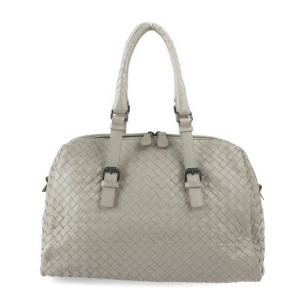 2326013010109 1 Bottega Veneta Prusse Intrecciato Leather Handbag Light Gray