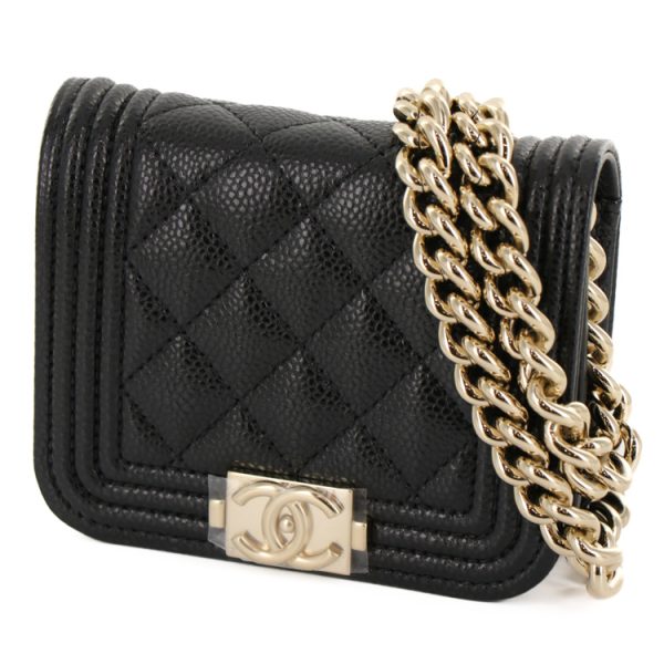 24 0086 01 Chanel Caviar Calf Skin Mini Chain Pouch Shoulder Bag Black Gold