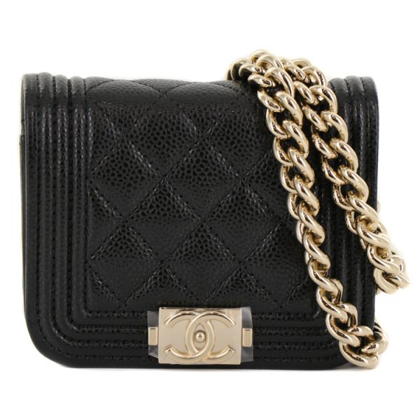 24 0086 02 Chanel Caviar Calf Skin Mini Chain Pouch Shoulder Bag Black Gold