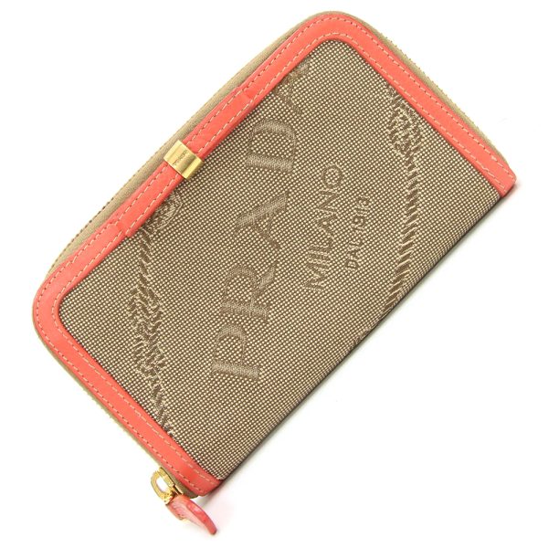 2405090031 Prada Round Zipper Wallet Jacquard Canvas Beige