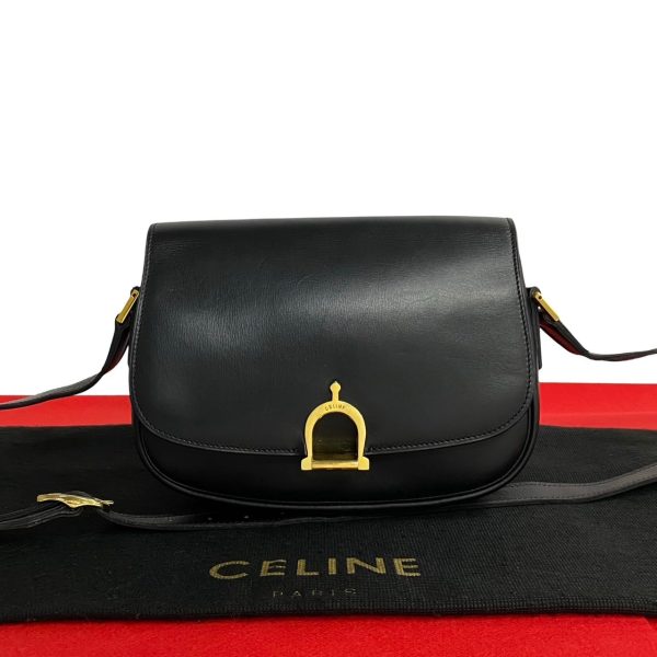 240625mna342 7 1 Celine Vintage Horsebit Hardware Leather Mini Shoulder Bag Pochette Black