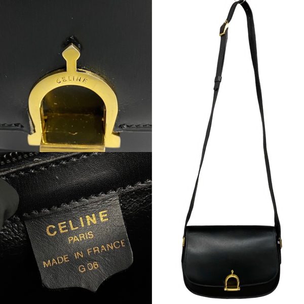 240625mna342 7 4 Celine Vintage Horsebit Hardware Leather Mini Shoulder Bag Pochette Black