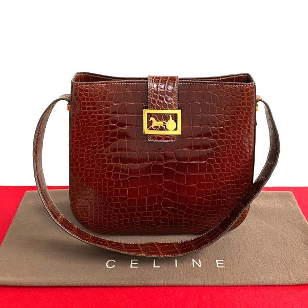 2406jpa580 8 1 Celine Vintage Carriage Metal Leather Shoulder Handbag Brown Burgundy