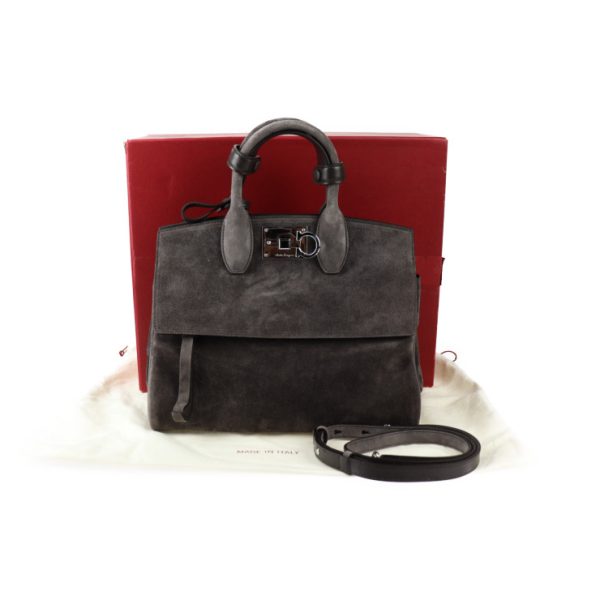 2414023002077 10 Salvatore Ferragamo Gancini Suede Shoulder Bag Gray