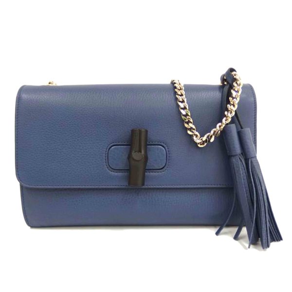 28332 1 Gucci Bamboo Chain Small Leather Shoulder Bag Navy