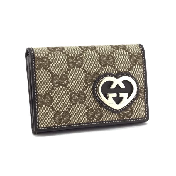 2h002535 01 Gucci Lovely Heart Motif GG Canvas Leather Card Case Business Card Holder Beige Dark Brown