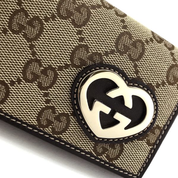 2h002535 06 Gucci Lovely Heart Motif GG Canvas Leather Card Case Business Card Holder Beige Dark Brown