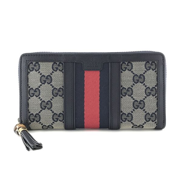 2h002803 01 Gucci Rania Bamboo Tassel GG Canvas Leather Wallet Long Round Zipper Navy