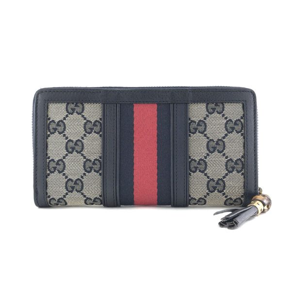 2h002803 02 Gucci Rania Bamboo Tassel GG Canvas Leather Wallet Long Round Zipper Navy