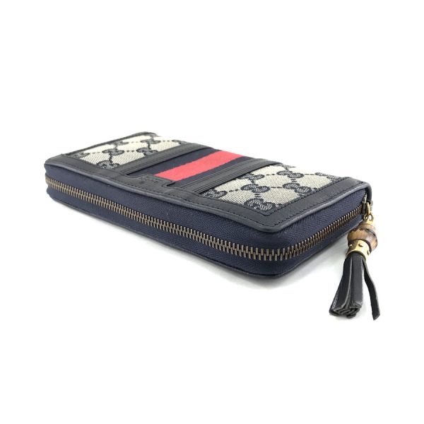 2h002803 03 Gucci Rania Bamboo Tassel GG Canvas Leather Wallet Long Round Zipper Navy