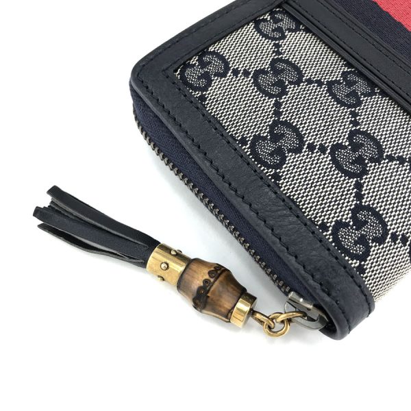 2h002803 06 Gucci Rania Bamboo Tassel GG Canvas Leather Wallet Long Round Zipper Navy