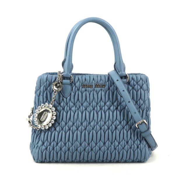 30536 0 Miumiu Nappa Leather Crystal Matelasse Tote Shoulder Bag Blue Silver