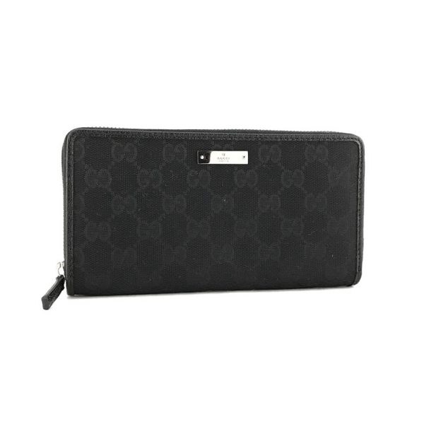 307980 ky91r 1000 01 Gucci Metal Bar GG Pattern GG Canvas Leather Wallet Long Round Zipper Black