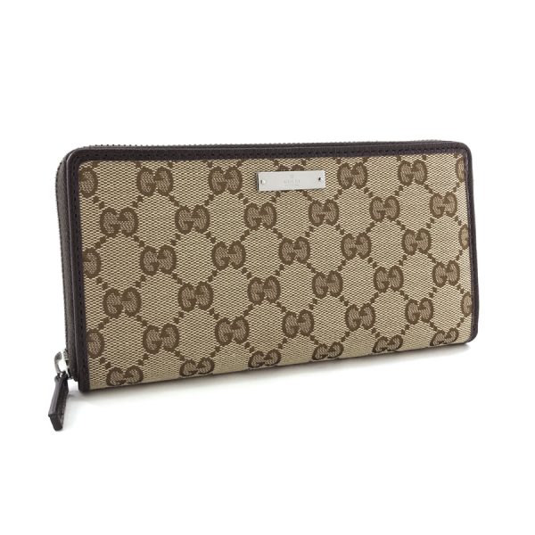 307980 ky91r 9643 01 Gucci Metal Bar Pattern Canvas Leather Wallet Long Round Zipper Beige Brown