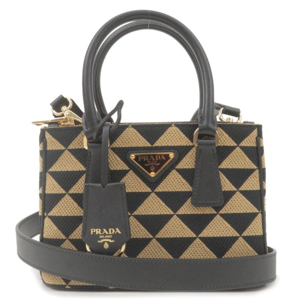 36701 17 1 Prada Symbol Embroidery Leather 2 Way Shoulder Bag Beige Black