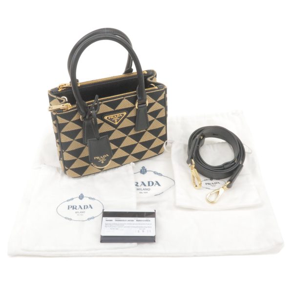 36701 17 12 Prada Symbol Embroidery Leather 2 Way Shoulder Bag Beige Black