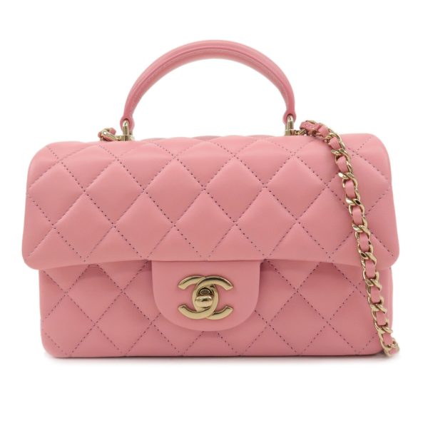 37523 2 1 Chanel Matelasse Top Handle Mini Flap Lambskin Shoulder Bag Pink