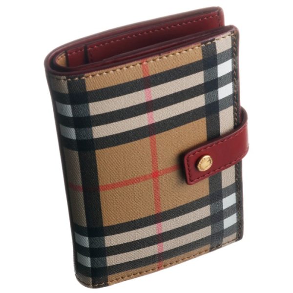 4080009 Burberry Vintage Check And Leather Flap Bifold Wallet Crimson Red