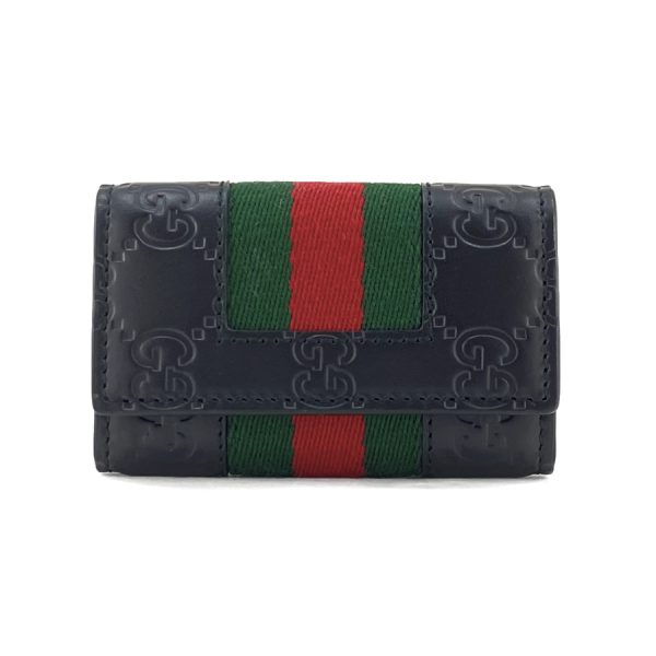 408828 cwcln 1060 01 Gucci New Web Guccisima Leather Key Case Rows Webbing Line Black