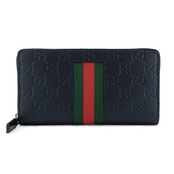 408831 cwcln 1060 01 Gucci Signature Leather Web Shima Leather Wallet Long Round Zipper Black