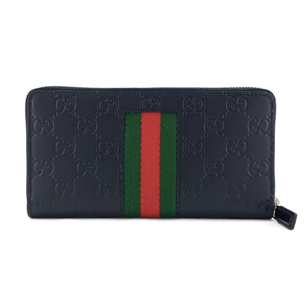 408831 cwcln 1060 02 Gucci Signature Leather Web Shima Leather Wallet Long Round Zipper Black