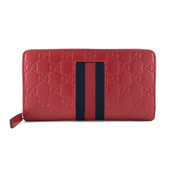 408831 cwcln 6473 01 Gucci Signature Leather Web Guccisima Leather Wallet Long Round Zipper Hibiscus Red