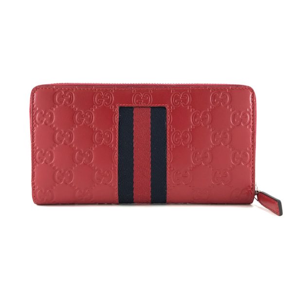 408831 cwcln 6473 02 Gucci Signature Leather Web Guccisima Leather Wallet Long Round Zipper Hibiscus Red