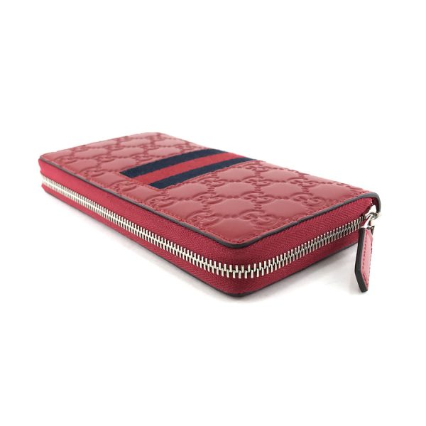 408831 cwcln 6473 03 Gucci Signature Leather Web Guccisima Leather Wallet Long Round Zipper Hibiscus Red