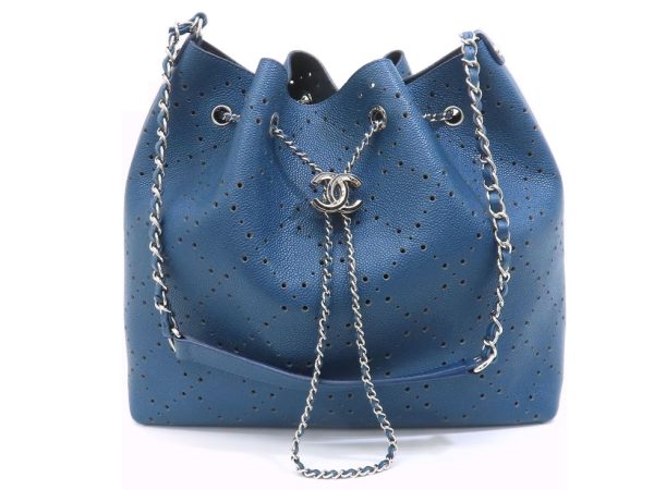 4230300801 Chanel Punching Matelasse Drawstring Chain Caviar Skin Shoulder Bag Blue