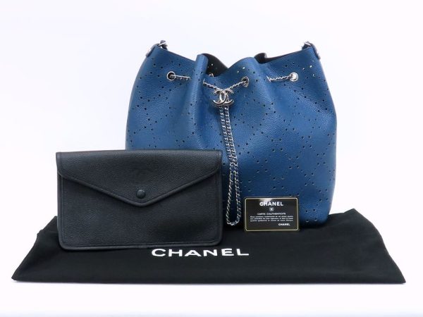 4230300801 16 Chanel Punching Matelasse Drawstring Chain Caviar Skin Shoulder Bag Blue