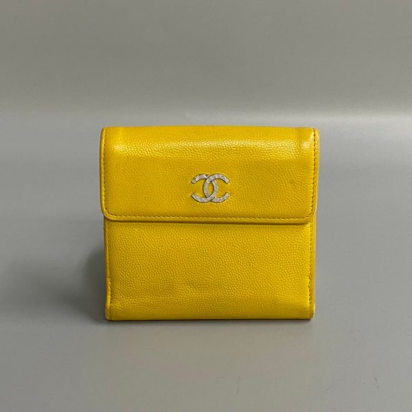 430i236144010 1 Chanel Caviar Skin Leather W Hook Bifold Wallet Mini Compact Wallet Yellow