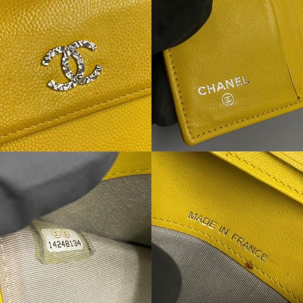 430i236144010 2 Chanel Caviar Skin Leather W Hook Bifold Wallet Mini Compact Wallet Yellow