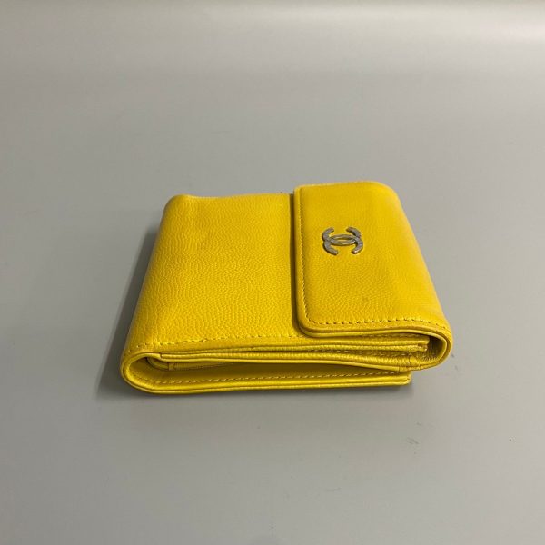 430i236144010 5 Chanel Caviar Skin Leather W Hook Bifold Wallet Mini Compact Wallet Yellow