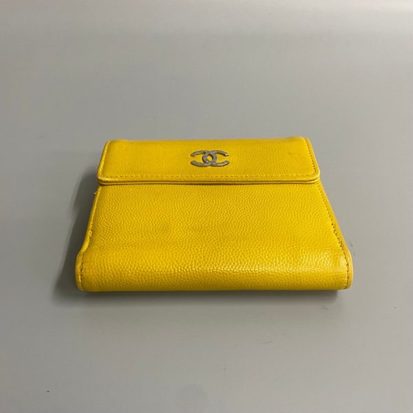 430i236144010 6 Chanel Caviar Skin Leather W Hook Bifold Wallet Mini Compact Wallet Yellow