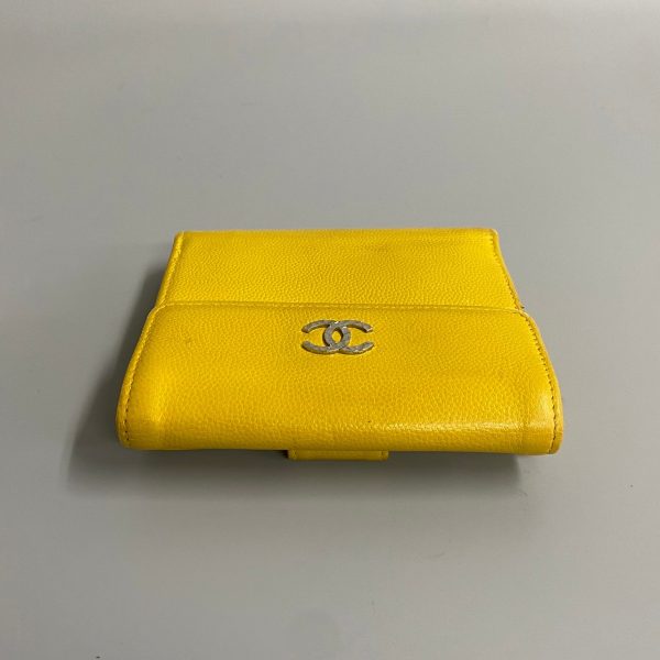 430i236144010 7 Chanel Caviar Skin Leather W Hook Bifold Wallet Mini Compact Wallet Yellow