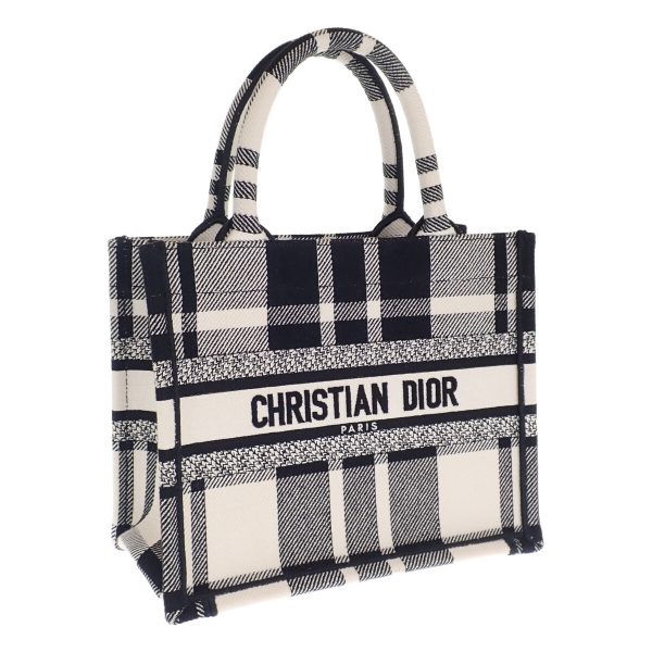 444169 01 Christian Dior Tartan Check Canvas Small Book Tote Bag Black