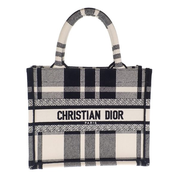 444169 02 Christian Dior Tartan Check Canvas Small Book Tote Bag Black