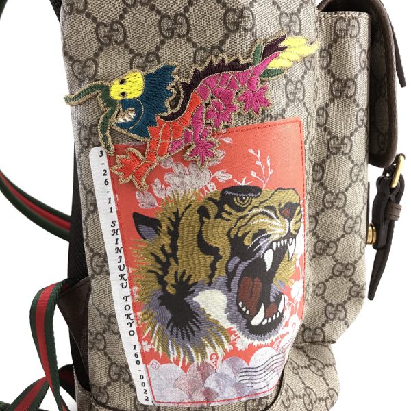 473869 k9rpt 8414 04 Gucci Backpack Courier Applique Tiger Dragon GG Supreme Canvas Leather Beige Brown