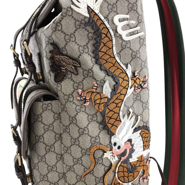 473869 k9rpt 8414 05 Gucci Backpack Courier Applique Tiger Dragon GG Supreme Canvas Leather Beige Brown