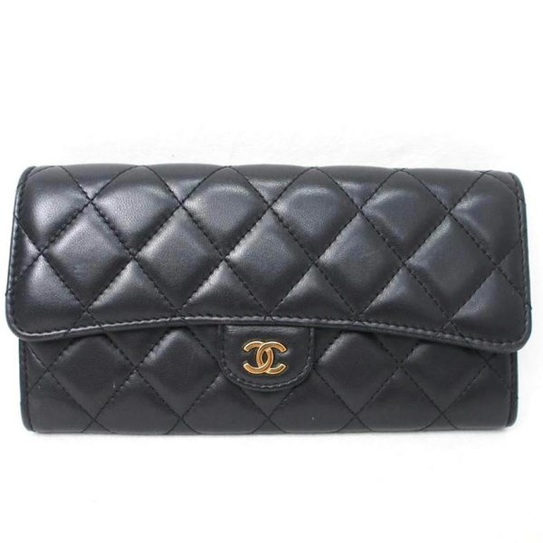 47802 1 Chanel Classic Long Flap Wallet Lambskin Black