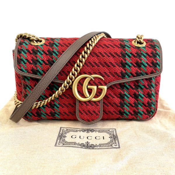 47821 5 Gucci Marmont Tweed Chain Shoulder Bag Red Antique Gold