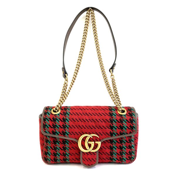 47821 6 Gucci Marmont Tweed Chain Shoulder Bag Red Antique Gold