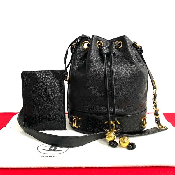 488l1868584 1 Chanel Caviar Skin Leather Drawstring Mini Shoulder Bag Black