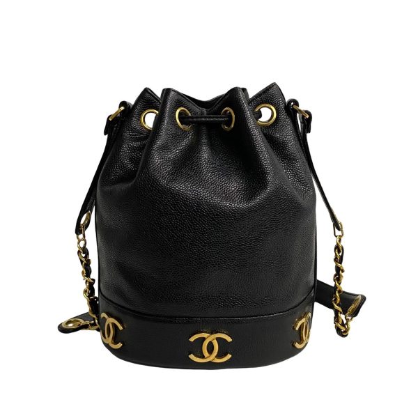 488l1868584 5 Chanel Caviar Skin Leather Drawstring Mini Shoulder Bag Black