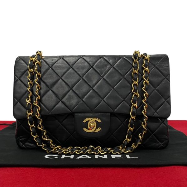 490l243018837 1 Chanel Double Flap Matelasse Lambskin Chain Turnlock Shoulder Bag Black