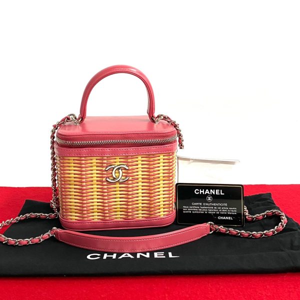 496a1989364 1 Chanel Raffia Straw Vanity Leather 2way Shoulder Bag Handbag