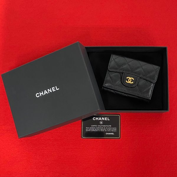 496a243361743 1 Chanel Matelasse Caviar Skin Tri Fold Wallet Black