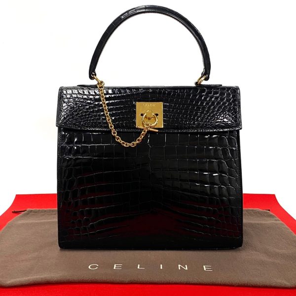 497a243054410 1 Celine Vintage Logo Ring Hardware Crocodile Leather Mini Tote Handbag Black