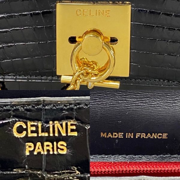 497a243054410 4 Celine Vintage Logo Ring Hardware Crocodile Leather Mini Tote Handbag Black