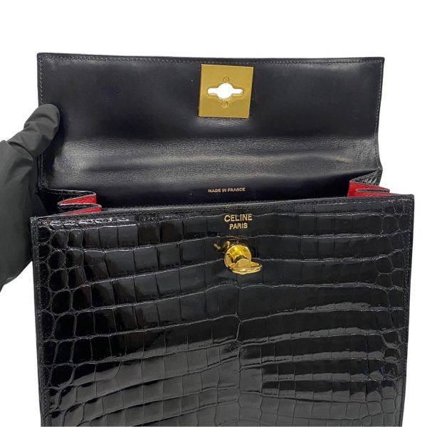 497a243054410 9 Celine Vintage Logo Ring Hardware Crocodile Leather Mini Tote Handbag Black